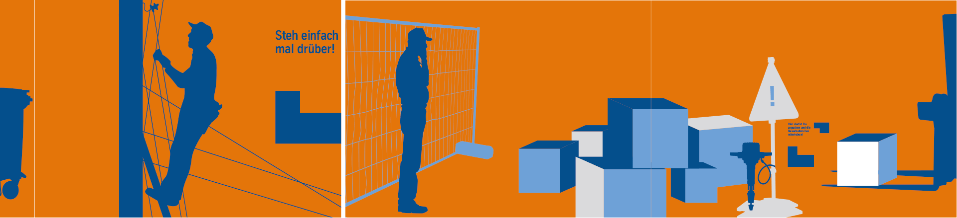 ThyssenKrupp Bauzaun Illustration einer Baustelle mit Menschen mit blauen Motiven auf orangenem Hintergrund