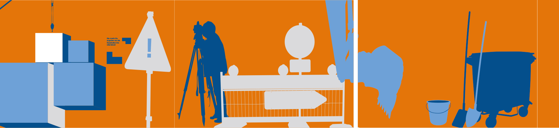 ThyssenKrupp Bauzaun Illustration einer Baustelle auf orangenem Hintergrund