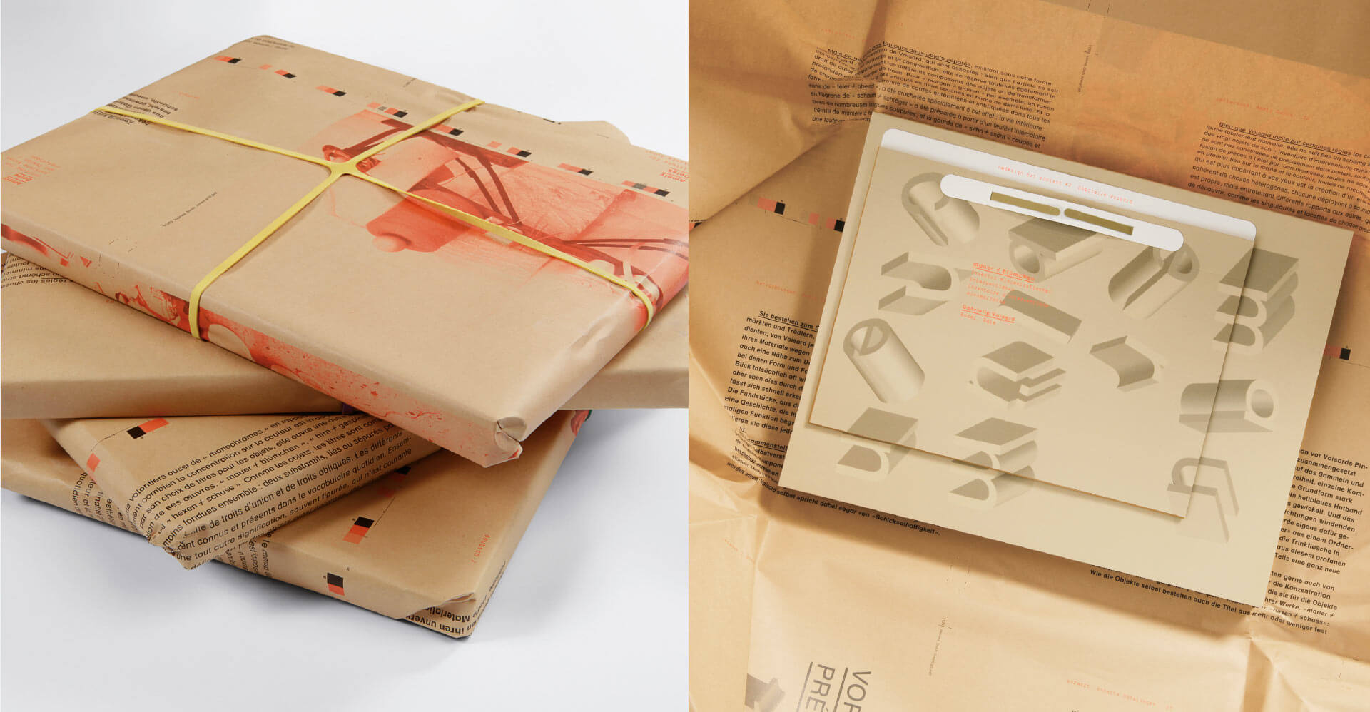 Verpackung mit gestaltetem Packpapier der Art Publikation von dem Kunstprojekt Mauerblümchen neben dran das Buch in der Verpackung