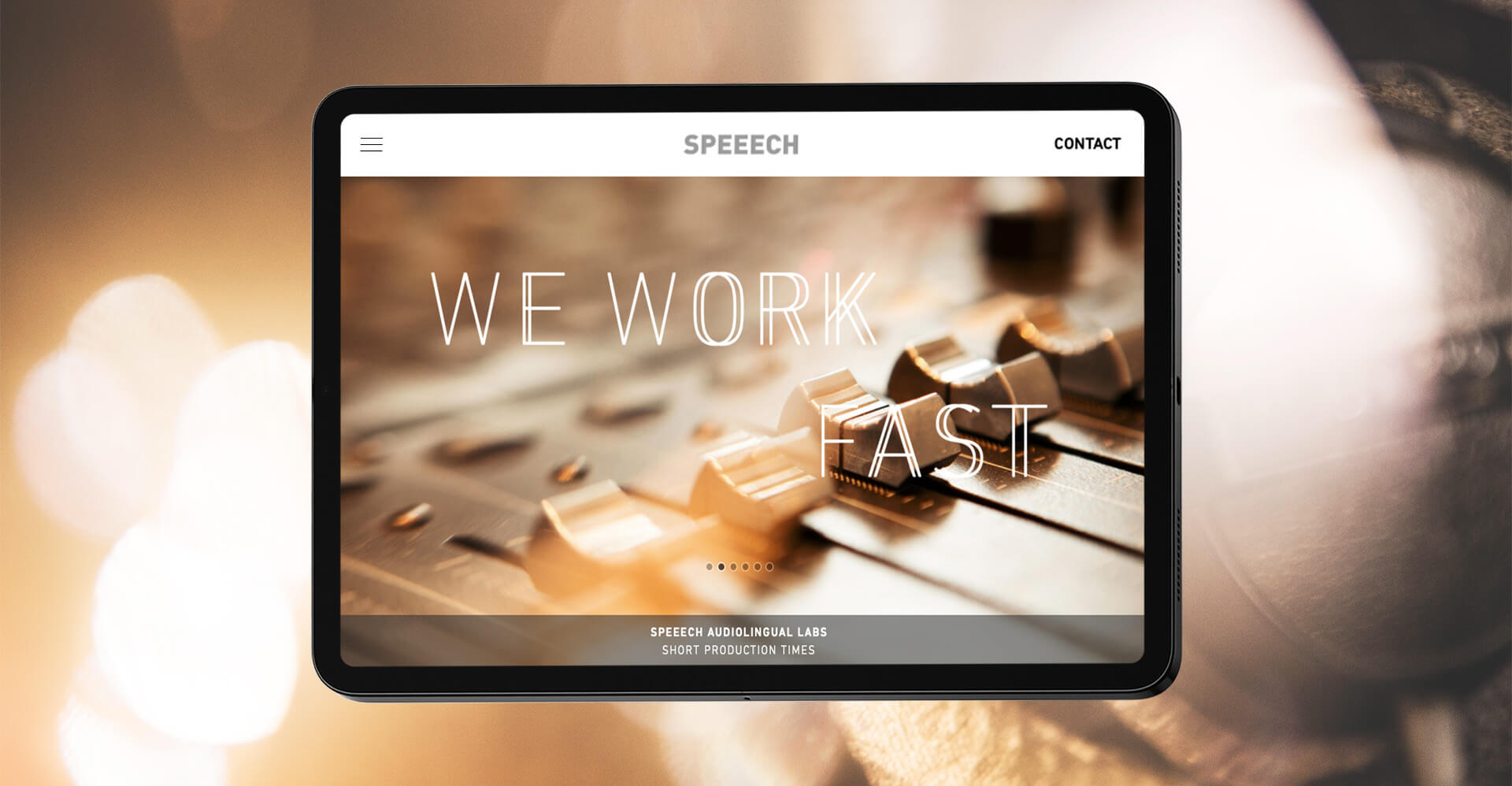 Weißes iPad mit Website von Speeech auf der steht we work fast