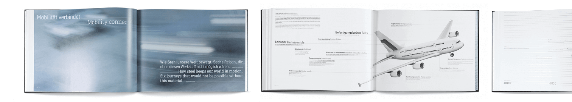 Doppelseiten mit Typografie und einer Infografik mit einem Flugzeug aus ThyssenKrupp Corporate Book Discover Steel