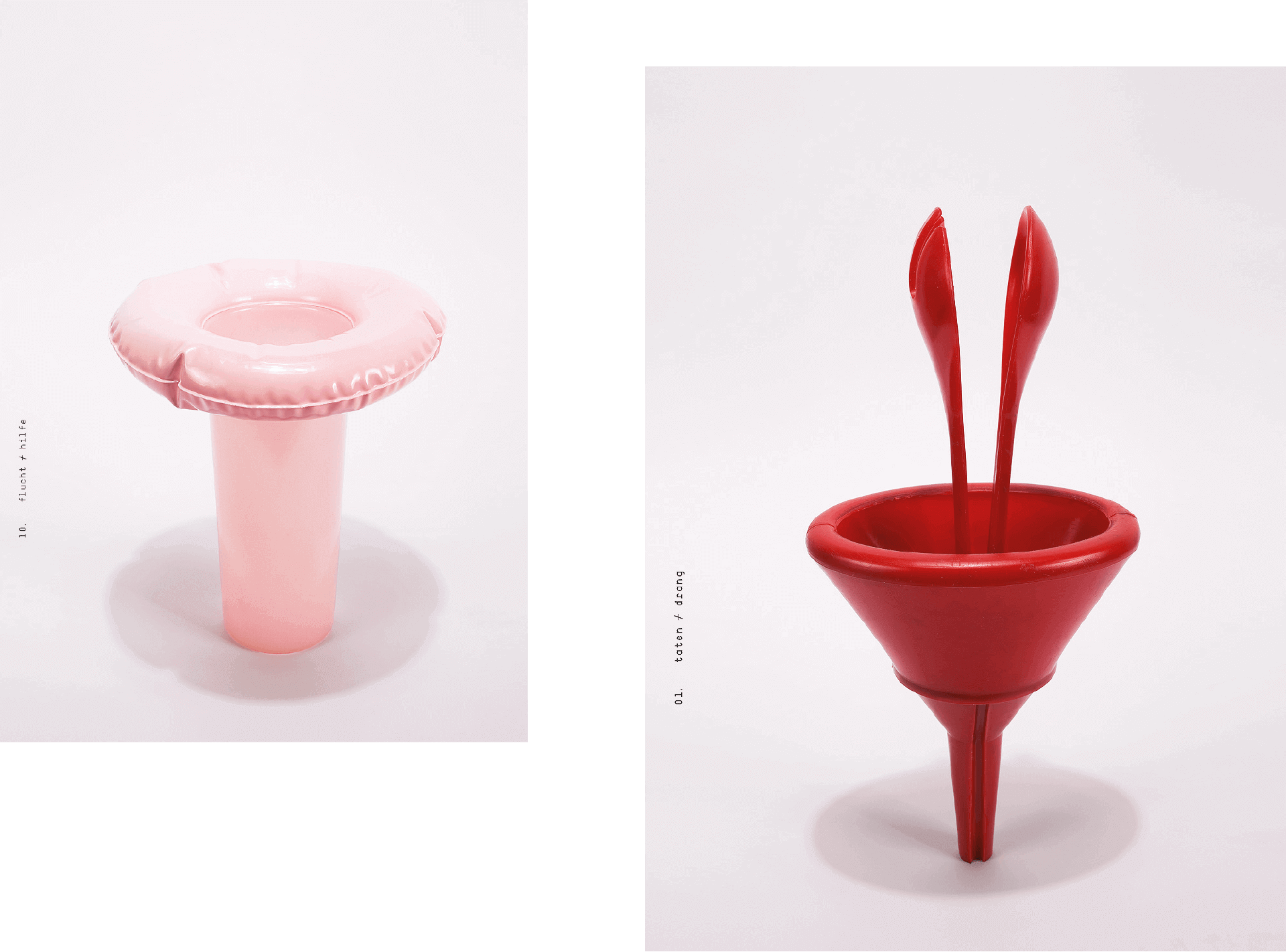 Fotografien von einem rosa und einem roten Objekt aus dem Kunstprojekt von Gabrielle Voisard