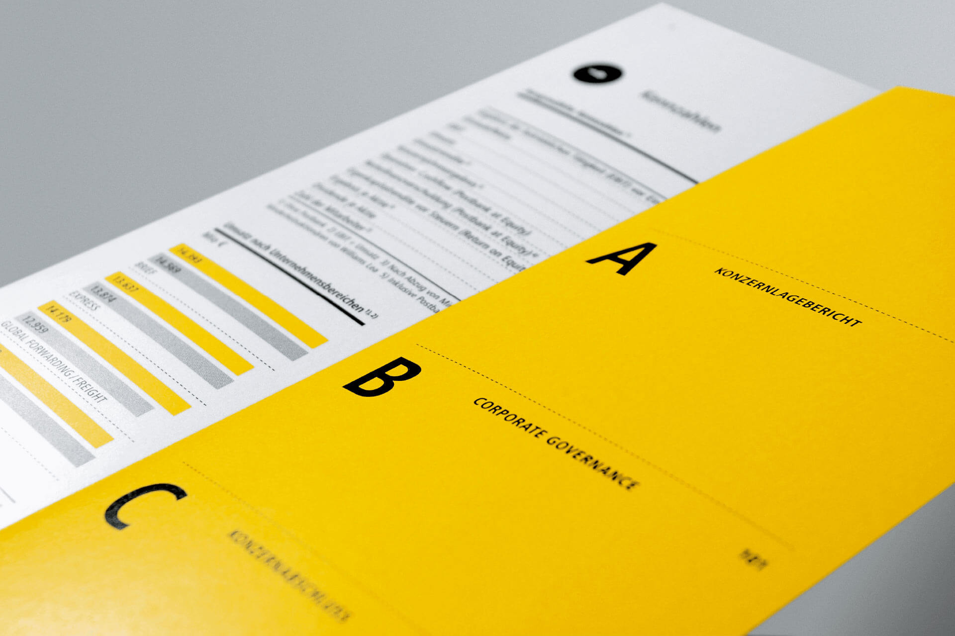Detail des Deutsche Post Geschäftsbericht mit Fokus auf Typografie auf einer gelben Zwischenseite
