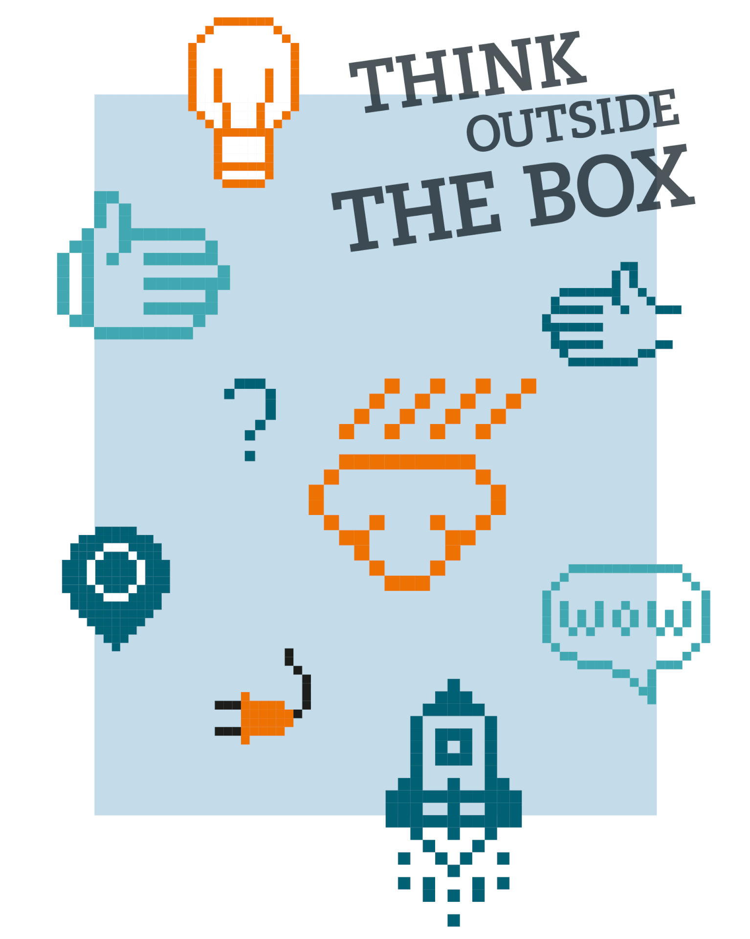 Think outside the box Schriftzug mit pixelbasierten Infografiken auf hellblauem Hintergrund für Coworking Space Siemens