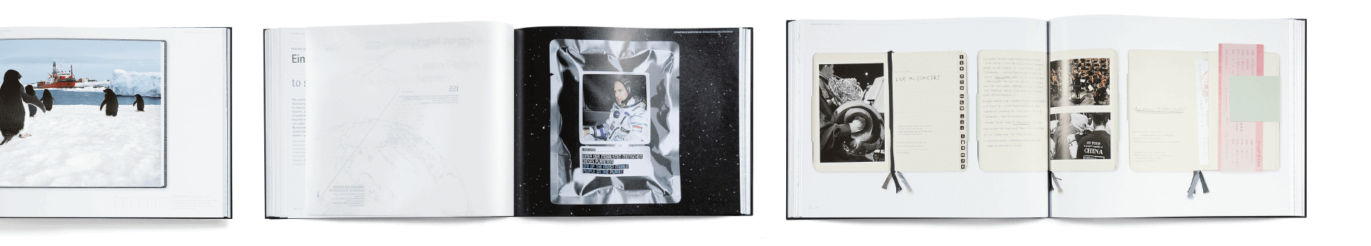 Innenseiten mit Fotgrafie von Pinguinen, einem Astronauten und Scanns aus Notizbüchern aus ThyssenKrupp Corporate Book Discover Steel
