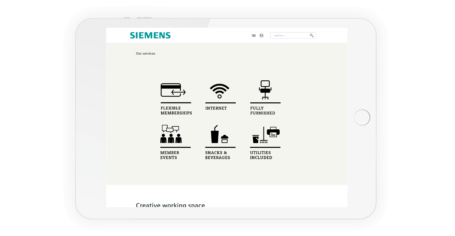Weißes Ipad mit den Icons auf der Website von Siemens