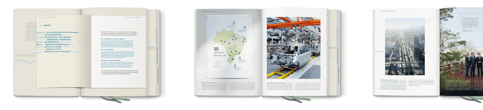 Doppelseiten aus dem Siemens Jahresbericht 2014 mit Fotografie, Typografie und Karten