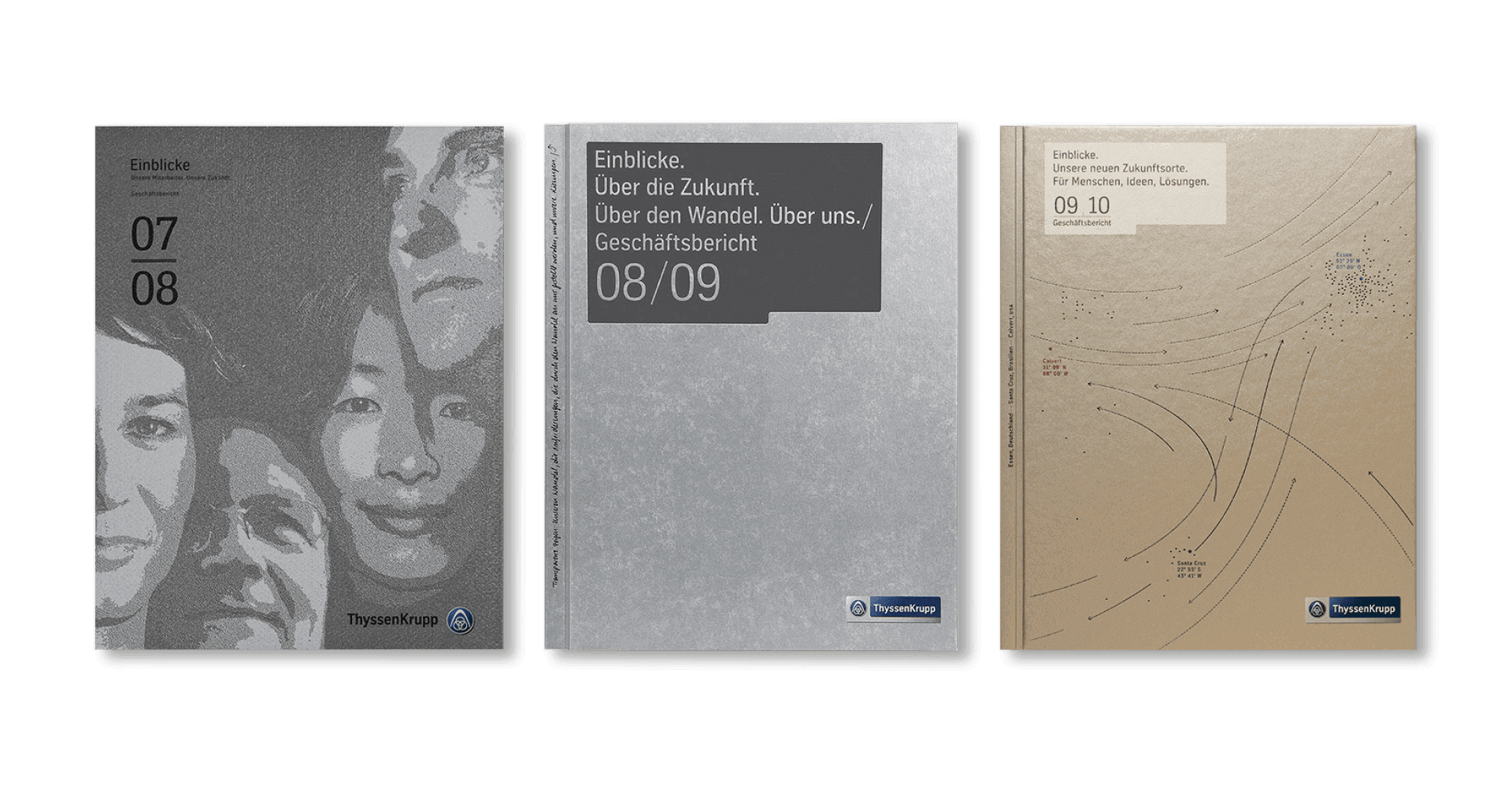 Cover von Geschäftsberichten für ThyssenKrupp von haefelinger design mit illustrationen von Menschen und grafischen Elementen