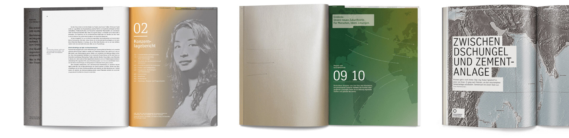Seiten aus den Geschäftsberichten von ThyssenKrupp mit einem Kopf einer Frau, Typografie und Landkarten