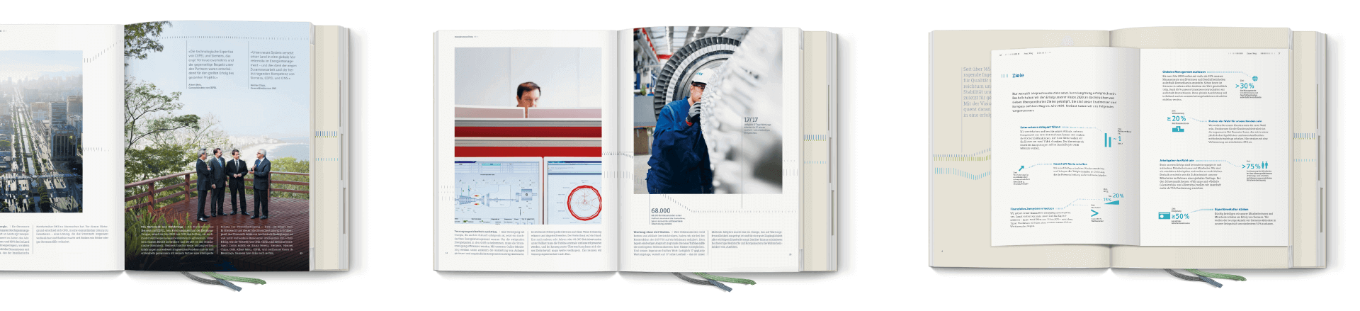 Doppelseiten aus dem Siemens Jahresbericht 2014 mit Fotografie, Typografie und Pictogrammen