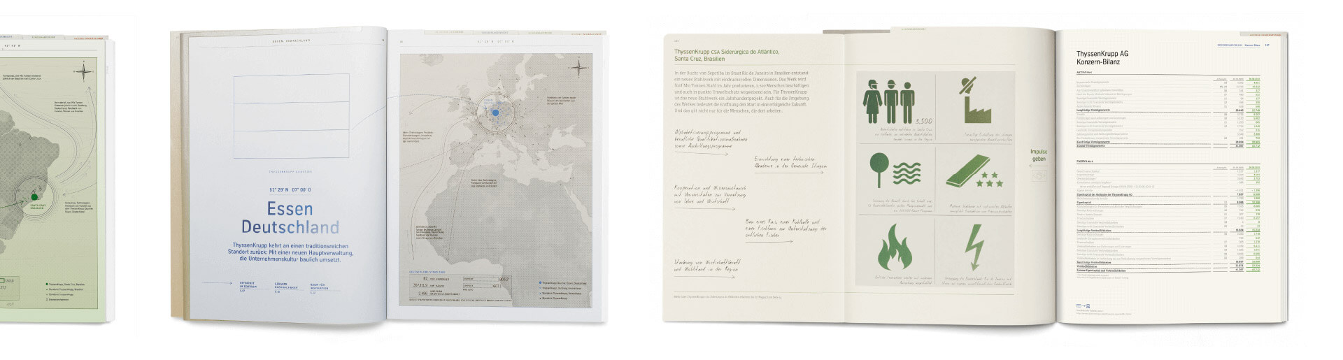 Doppelseiten ThyssenKrupp Geschäftsbericht mit Karte, Infografiken, Tabellen und Pictogrammen