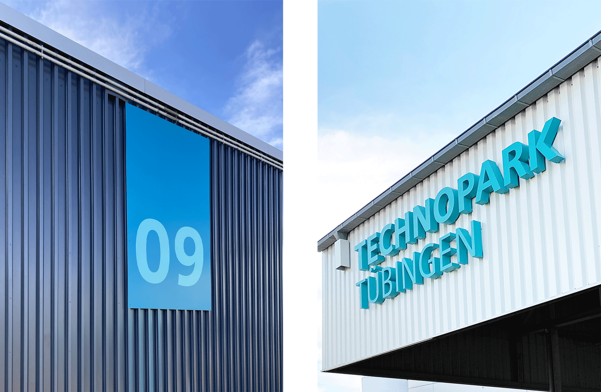 Links ein Gebäudebranding des Technoparks in Tübingen mit der Nummerierung 09 in blau. Rechts das Gebäudebranding mit dem Schriftzug "Technopark Tübingen" in türkis auf weißem Hintergrund.