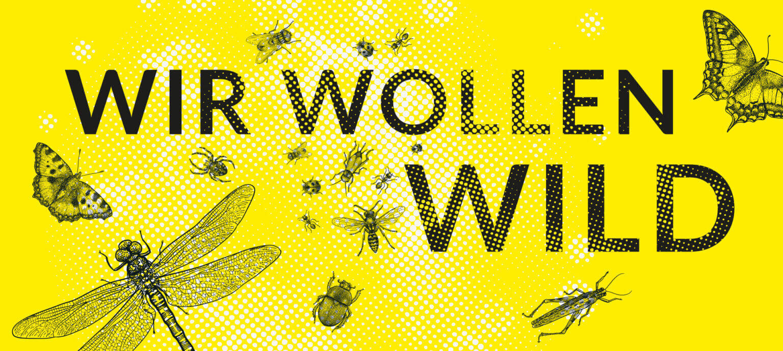 in schwarz Wir Wollen Wild auf einem gelben Hintergrund mit Illustrationen von Inselkten wie Schnetterlingen und Libellen