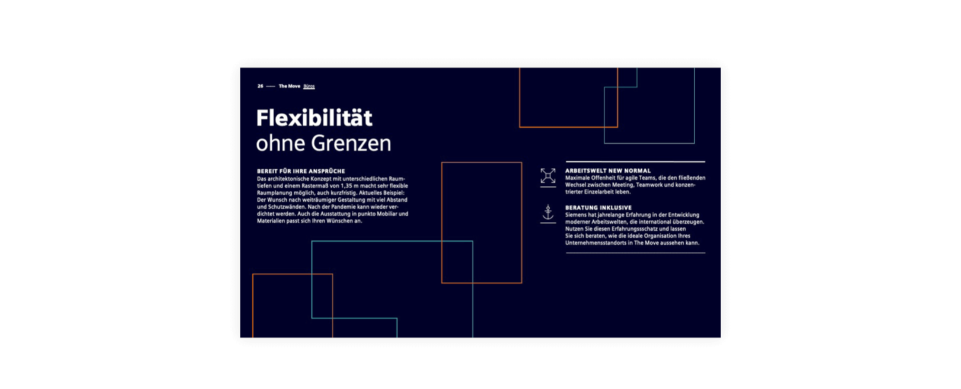 Flexibilität ohne Grenzen Seite im Vermarktungsexposé von Siemens The Move gestaltet von haefelinger design