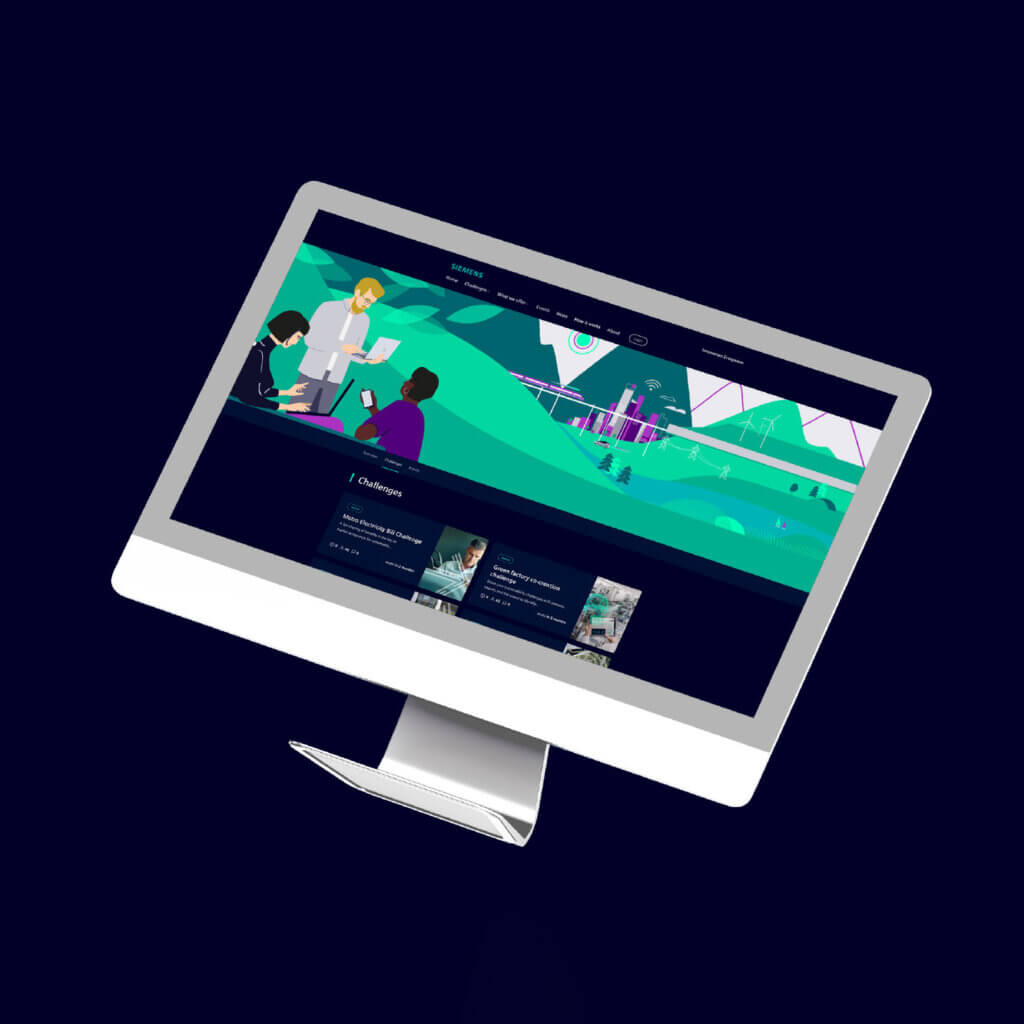 Webansicht der Tech for Sustainability Kampagne, dargestellt in einem Mac, auf dunkel blauen Hintergrund