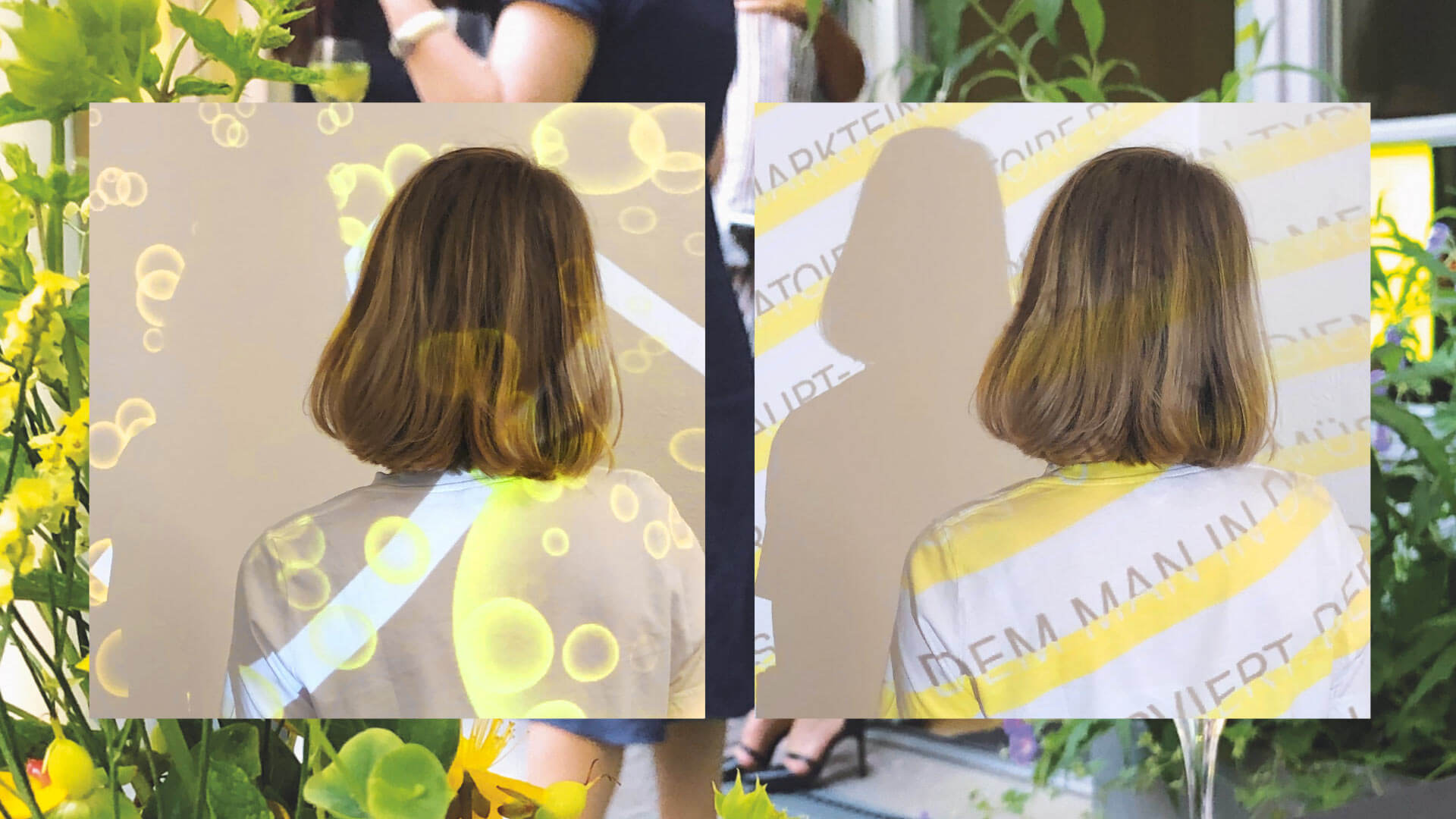 Collage im Vordergrund gelbe Blasen auf schwarzem Grund projeziert auf eine Frau daneben Typografie und gelbe Linine projeziert auf eine Frau im Hintergrund ein Foto mit unscharfen Blumen