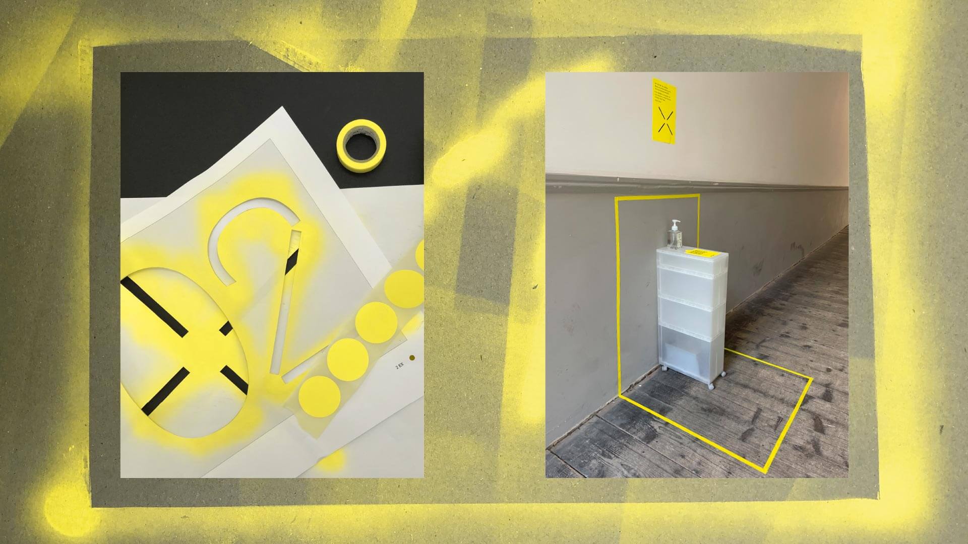 mit gelber Farbe gesprayter Karton auf dem zwei Fotos sind eines mit einer Schablone und gelber Farbe auf dem anderen ein Kasten in einem Flir mit gelben Klebeband umklebt