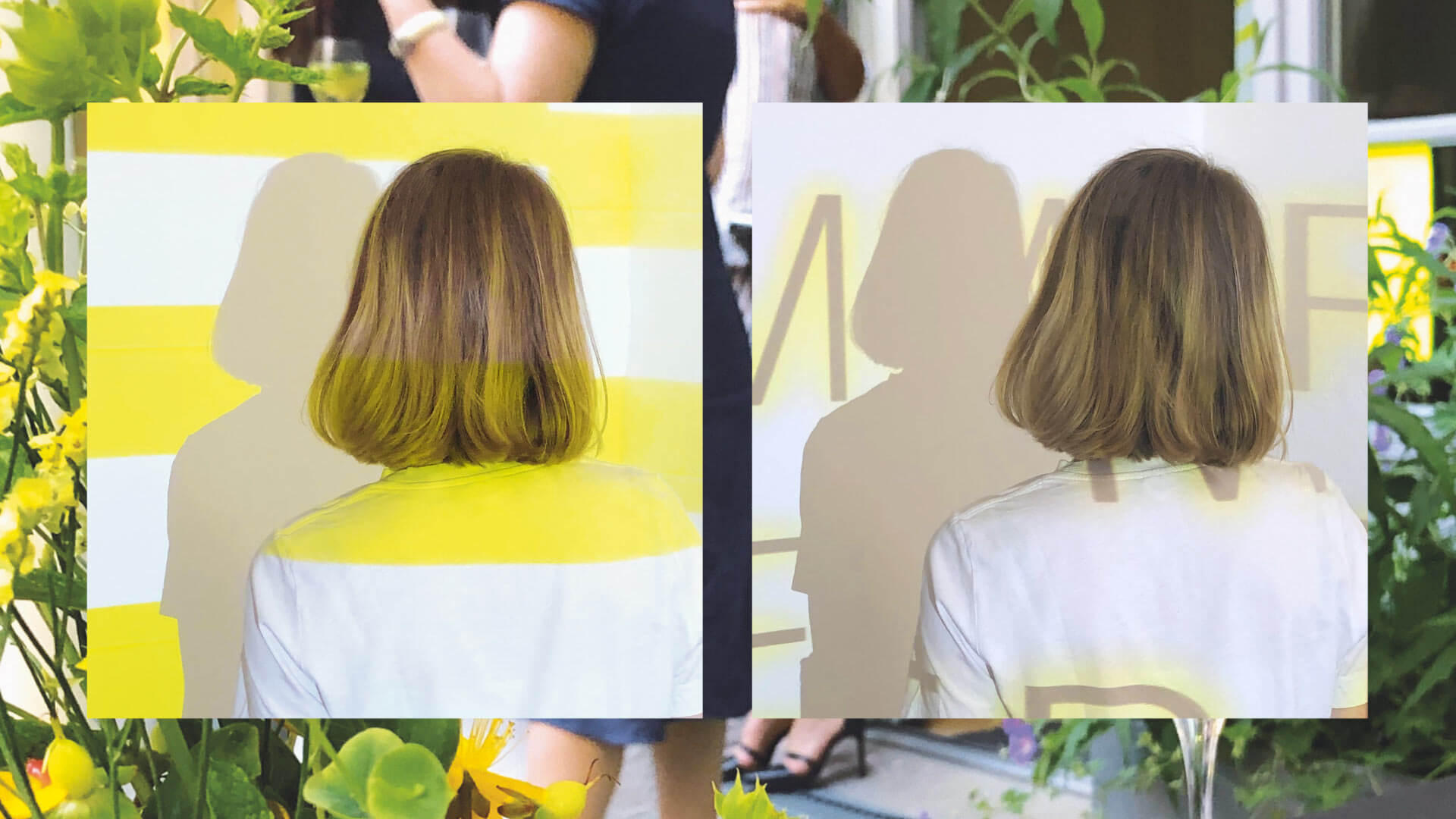 Collage mit Blumen im Hintergrund und im Vordergrund gelb weiße Linine projeziert auf eine Frau daneben Typografie Projeziert auf eine Frau