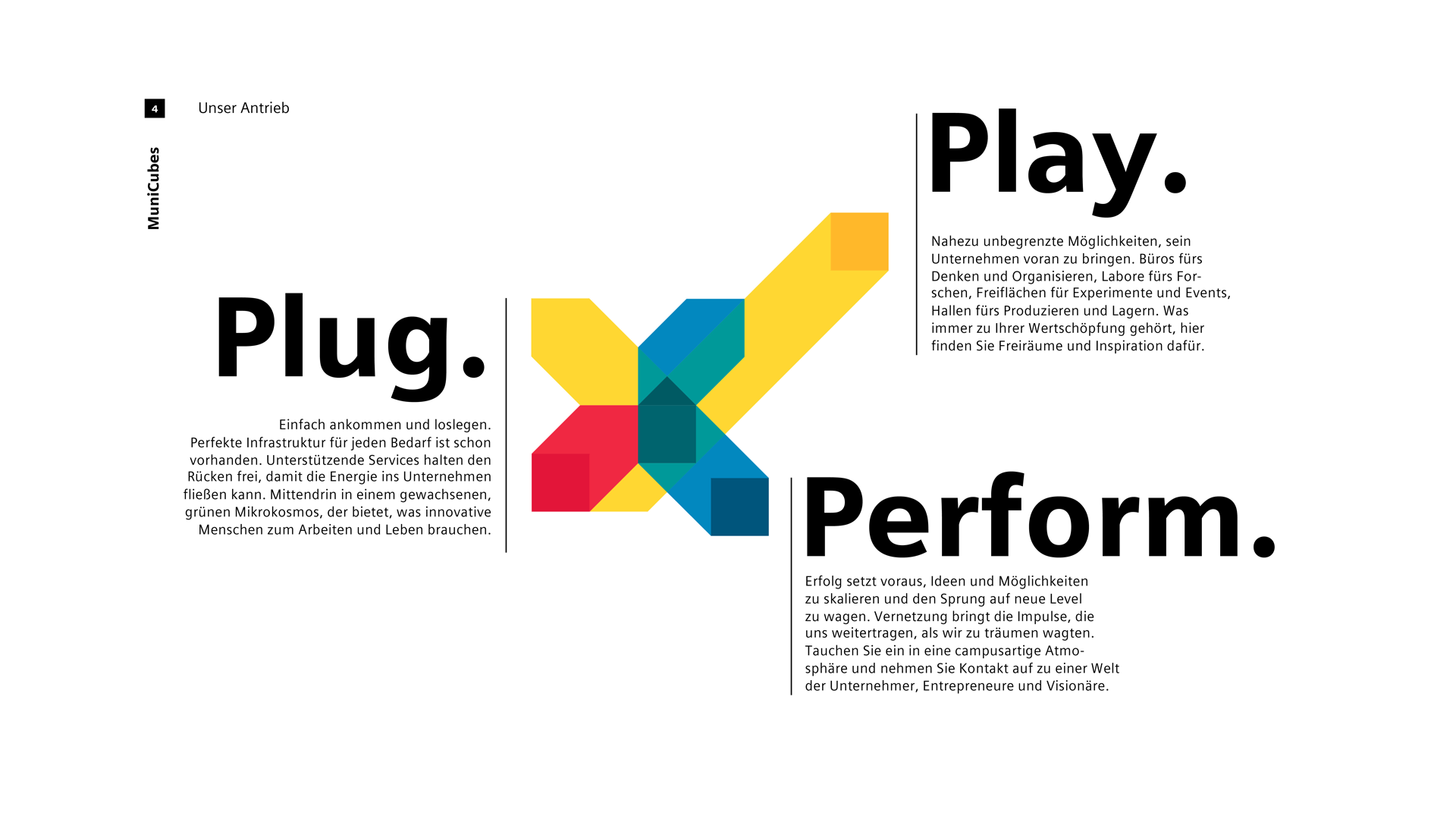 Das fluide Keyvisual von MuniCubes ist in rot, gelb und blau dargestellt. Ebenfalls werden die Begriffe Play, Plug und Perform dargestellt.