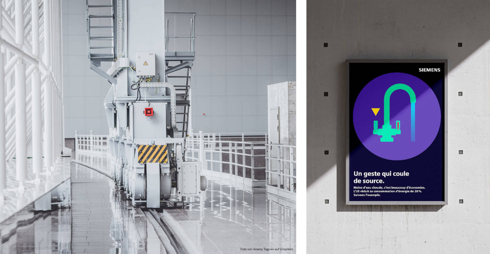 Abbildung einer Collage bestehend aus 2 Bildern. Auf dem linken Bild wird eine Industriehalle mit einer Maschine abgebildet. Auf dem rechten Bild ist ein dunkelblaues Plakat zur Energiespat-Kampagne, auf einer Betonwand abgebildet.