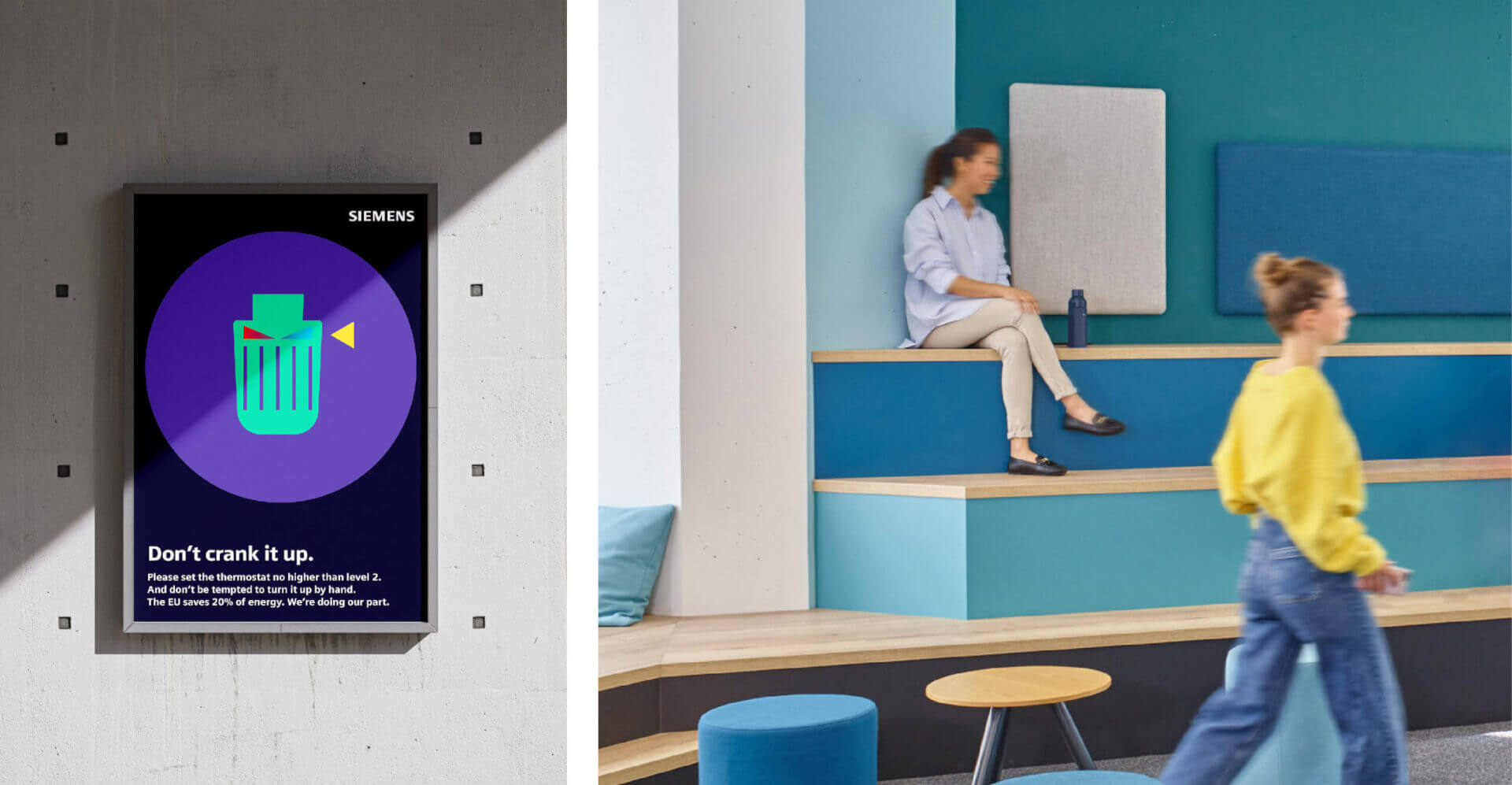 Abbildung einer Collage bestehend aus 2 Bildern. Auf dem linken Bild ist ein dunkelblaues Plakat auf einer Betonwand abgebildet. Auf dem rechten Bild werden Räumlichkeiten in dargestellt. Im Vordergrund läuft eine Frau durchs Bild.