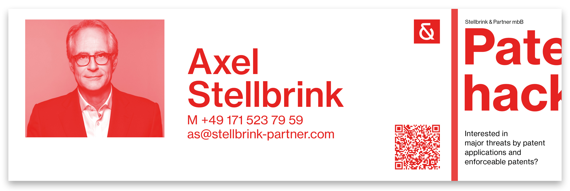 Die Rueckseite des faltbaren Flyers von Axel Stellbrink. Er ist schwarz rot mit einem Bild von einem Mann, einem QR-Code und Text zu Axel.