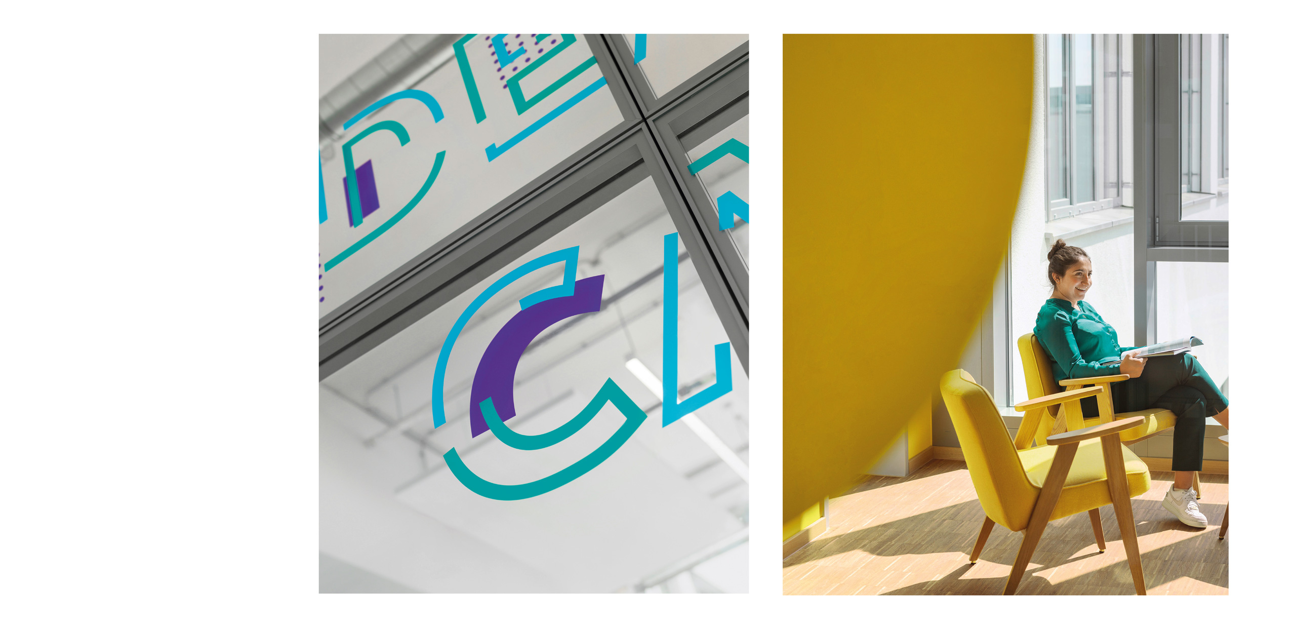 Collage bestehend aus zwei Bildern auf der linken Seite sieht man eine Detailaufnahme von typografischen Elementen in blau, grün und violett auf der rechten Seite sieht man eine Frau vor einer gelben Wand