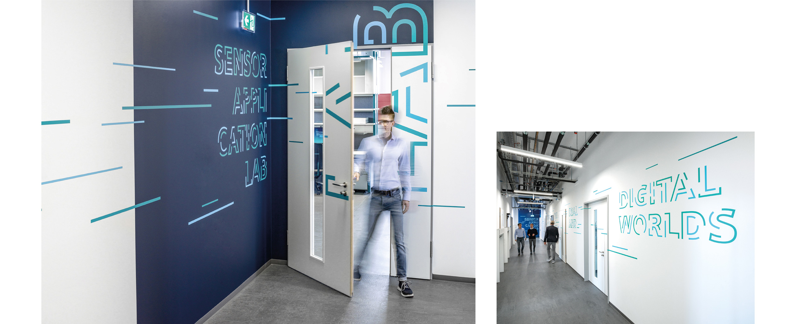 Collage aus 2 Bildern, Links sieht man einen Mann der durch die Tür kommt, auf der Tür und den blauen Wänden sind Gestaltungselemente in Grün angebracht; Links sieht man mehrere Personen, die durch einen Flur zu mehreren Räumen laufen