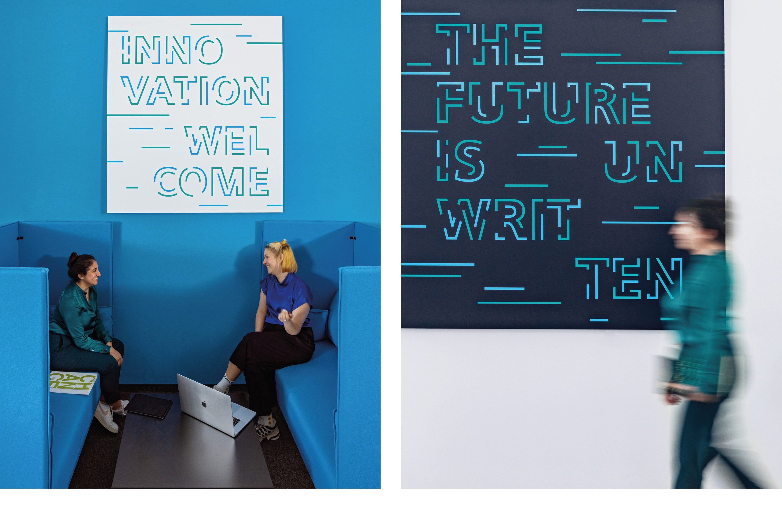 Collage bestehend aus 2 Bildern auf beiden sind blaue und weiße Plakate mit inspirierenden Sprüchen zu sehen, links auf einer blauen Wand, neben zwei Personen und recht auf einer weißen Wand bei der eine Frau vorbei läuft