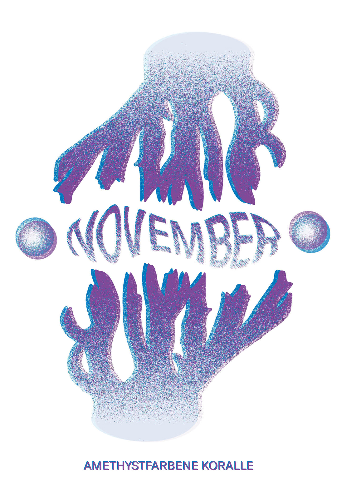 Amethystfarbene Koralle in den färben violett und blau, im Stil einer Risographie mit dm Wort November