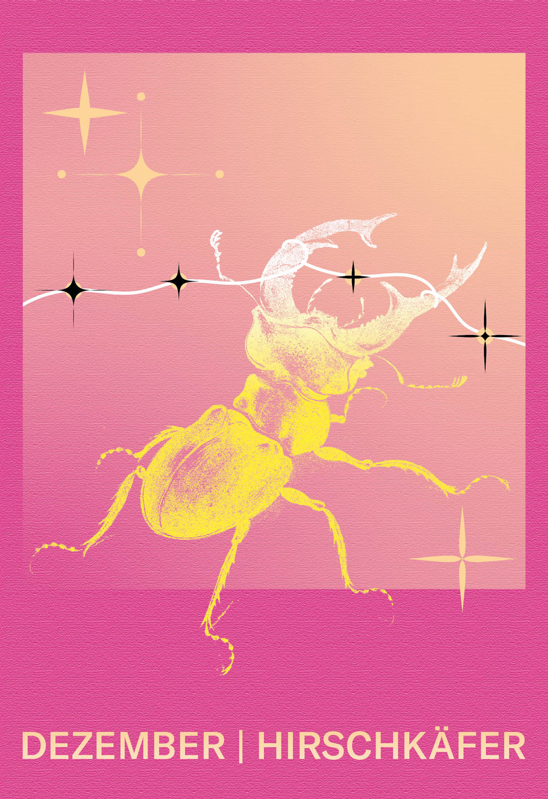 Gelber Hirschkäfer mit einer weißen Lichterkette von einem pinken Hintergrund
